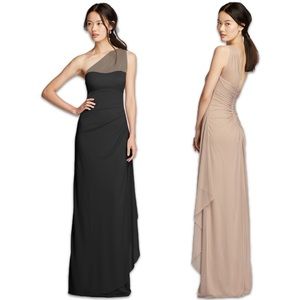 David’s Bridal Long Mesh One-Shoulder Dress